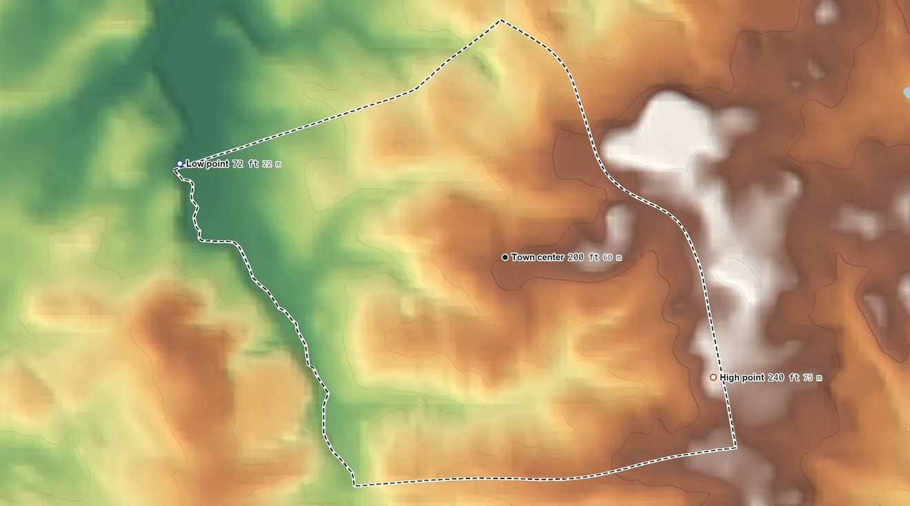 Topographic elevation map of Peppermill Village, Maryland, shaded from 72 ft on the west side to 240 ft on the southeast side