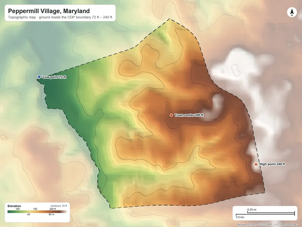 Topographic elevation map of Peppermill Village, Maryland, shaded from 72 ft on the west side to 240 ft on the southeast side