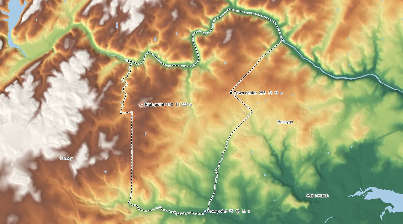 Topographic elevation map of Perry Hall, Maryland, shaded from 75 ft on the south side to 390 ft on the west side