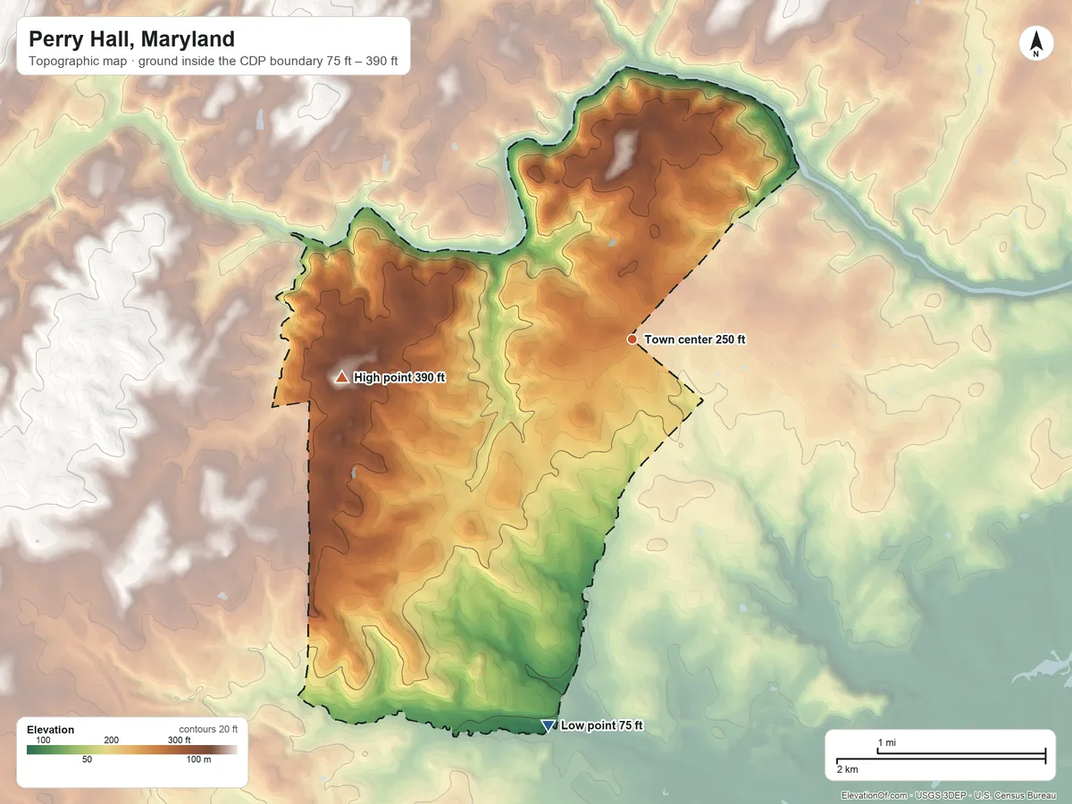 Topographic elevation map of Perry Hall, Maryland, shaded from 75 ft on the south side to 390 ft on the west side