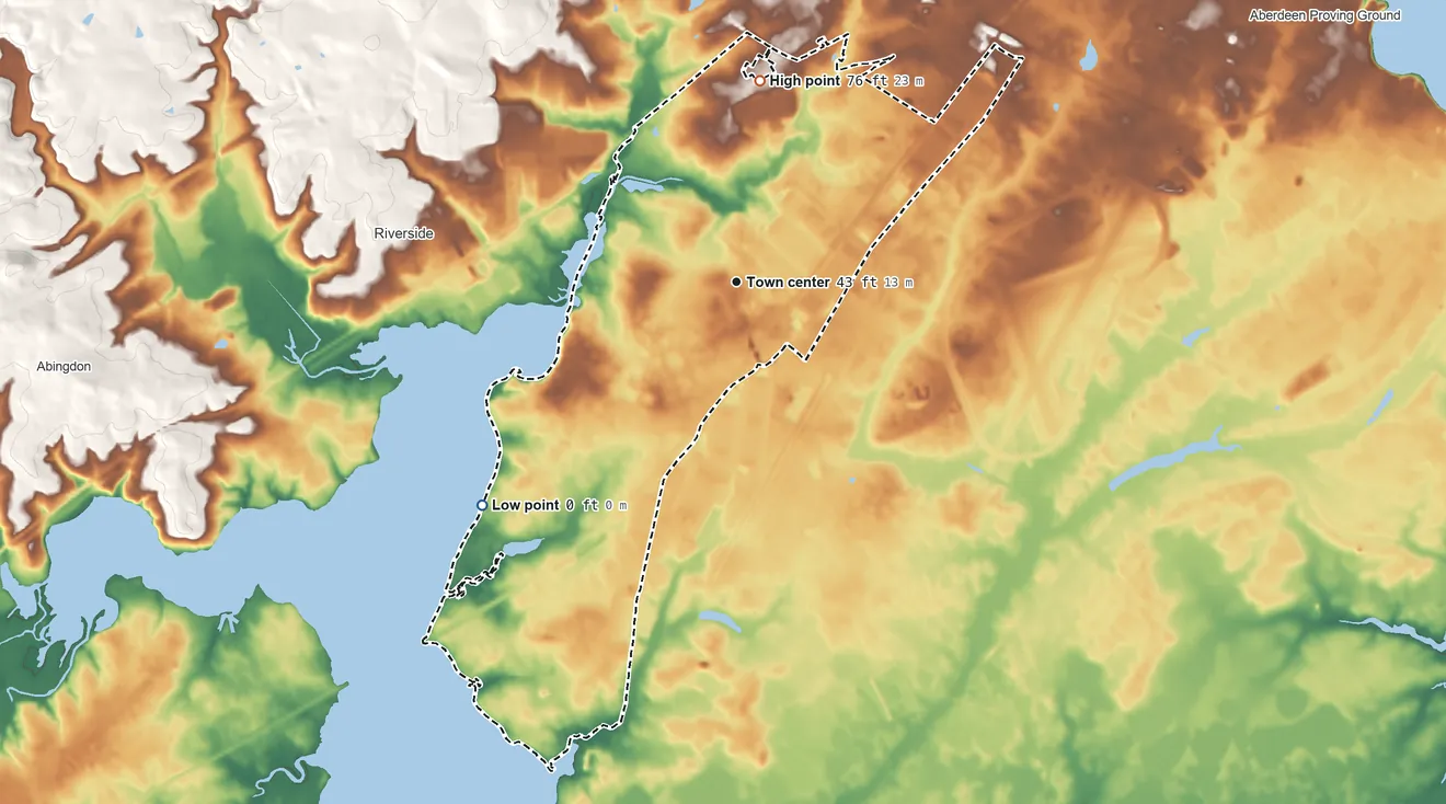 Topographic elevation map of Perryman, Maryland, shaded from 0 ft on the southwest side to 76 ft on the north side