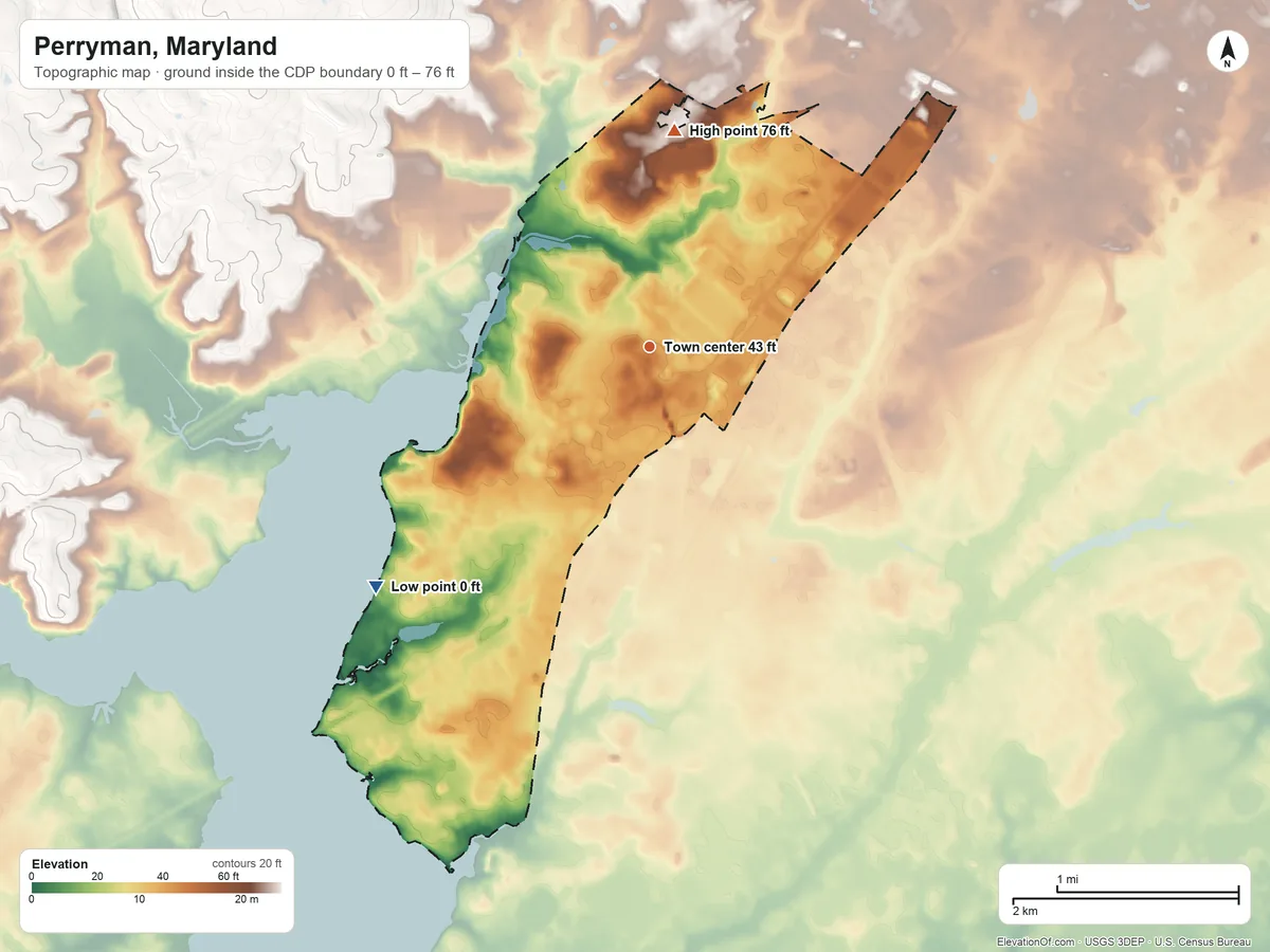 Topographic elevation map of Perryman, Maryland, shaded from 0 ft on the southwest side to 76 ft on the north side