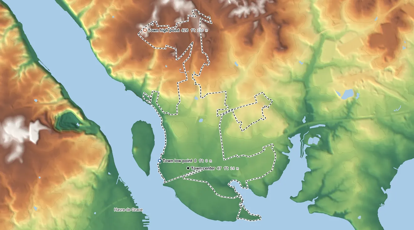 Topographic elevation map of Perryville, Maryland, shaded from sea level level on Chesapeake Bay to 420 ft on Mount Ararat