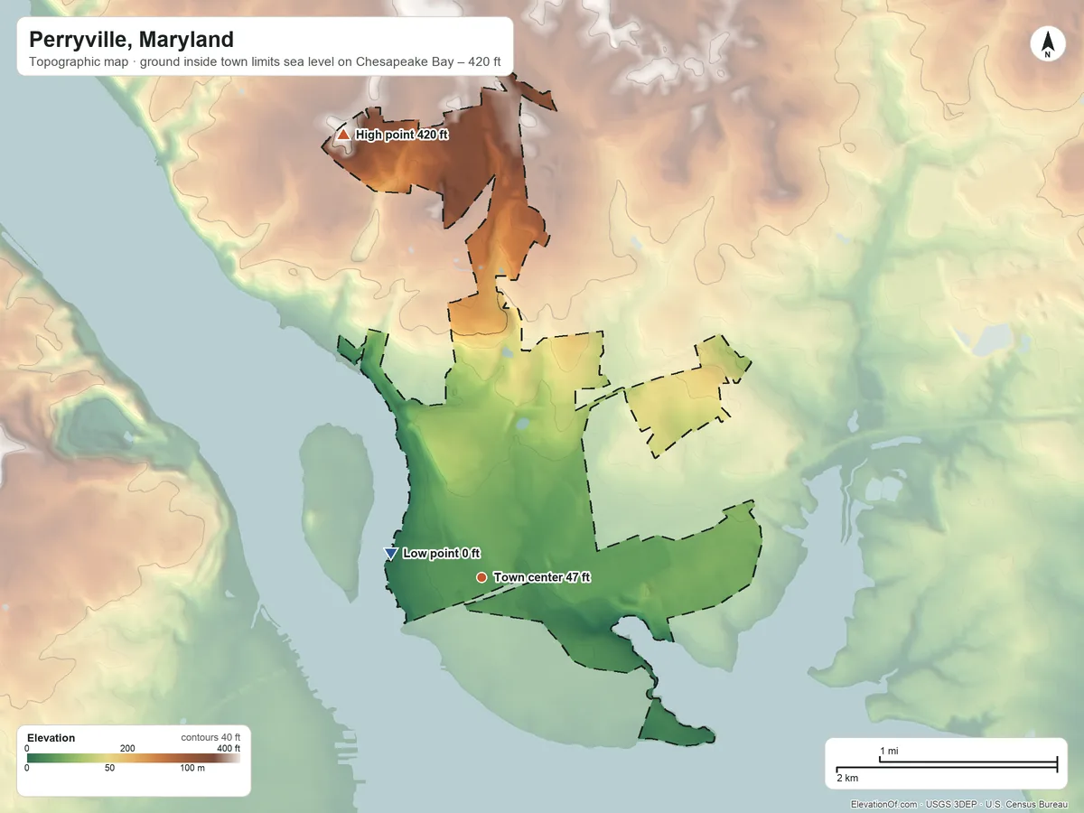 Topographic elevation map of Perryville, Maryland, shaded from sea level level on Chesapeake Bay to 420 ft on Mount Ararat