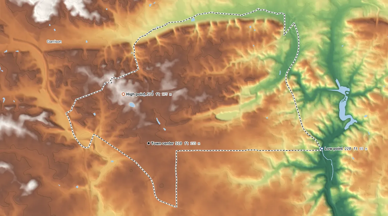 Topographic elevation map of Pikesville, Maryland, shaded from 220 ft on the east side to 570 ft on the northwest side