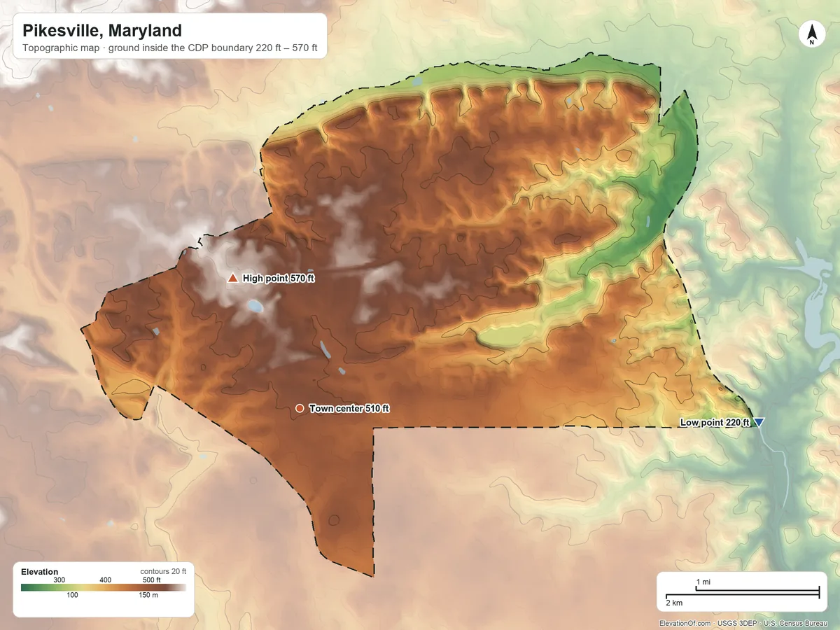 Topographic elevation map of Pikesville, Maryland, shaded from 220 ft on the east side to 570 ft on the northwest side