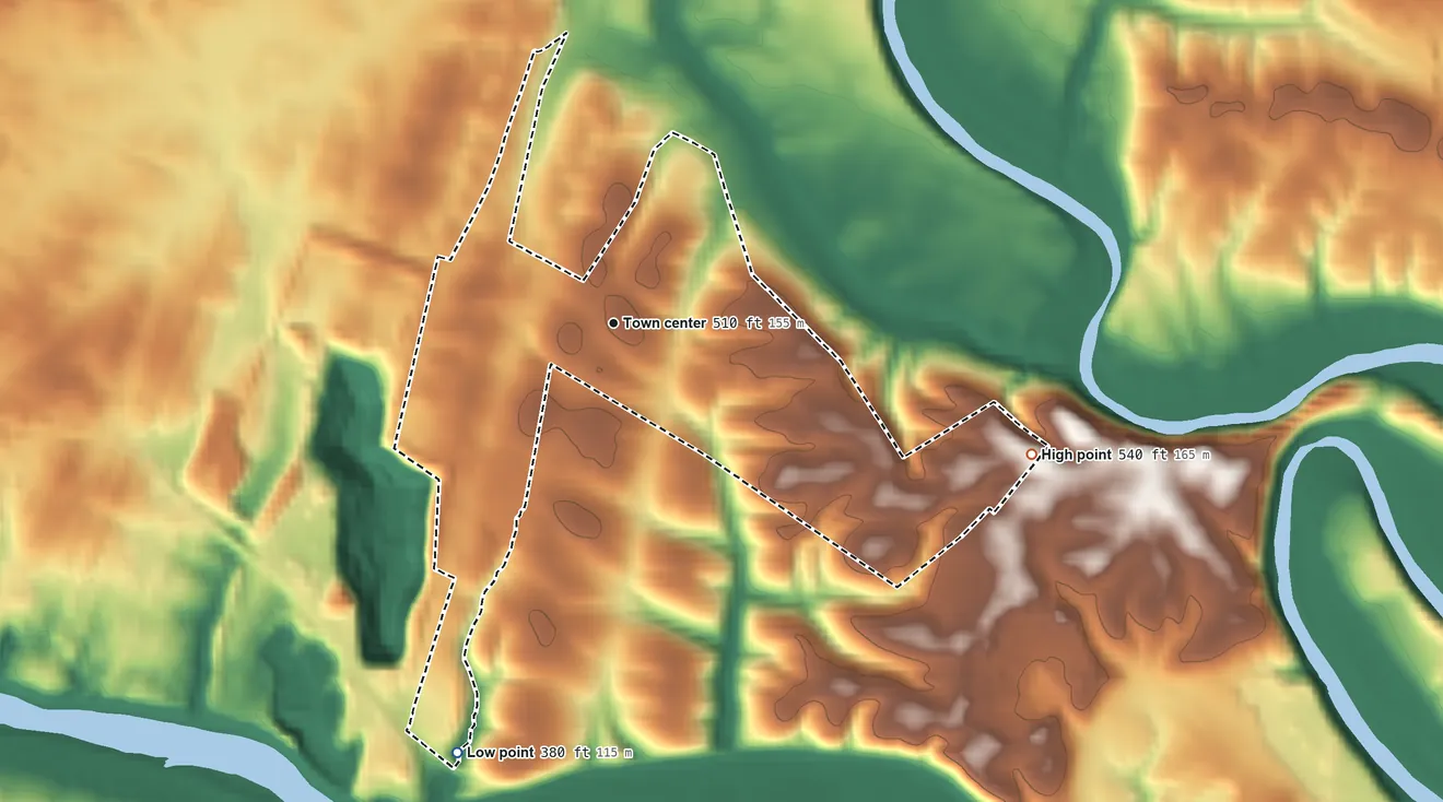 Topographic elevation map of Pinesburg, Maryland, shaded from 380 ft on the south side to 540 ft on the east side