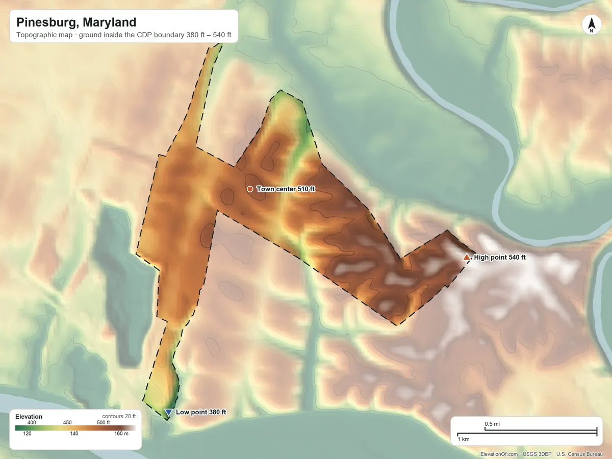 Topographic elevation map of Pinesburg, Maryland, shaded from 380 ft on the south side to 540 ft on the east side