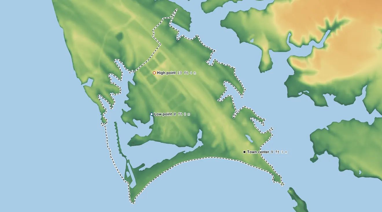 Topographic elevation map of Piney Point, Maryland, shaded from 0 ft on the west side to 13 ft on the northwest side