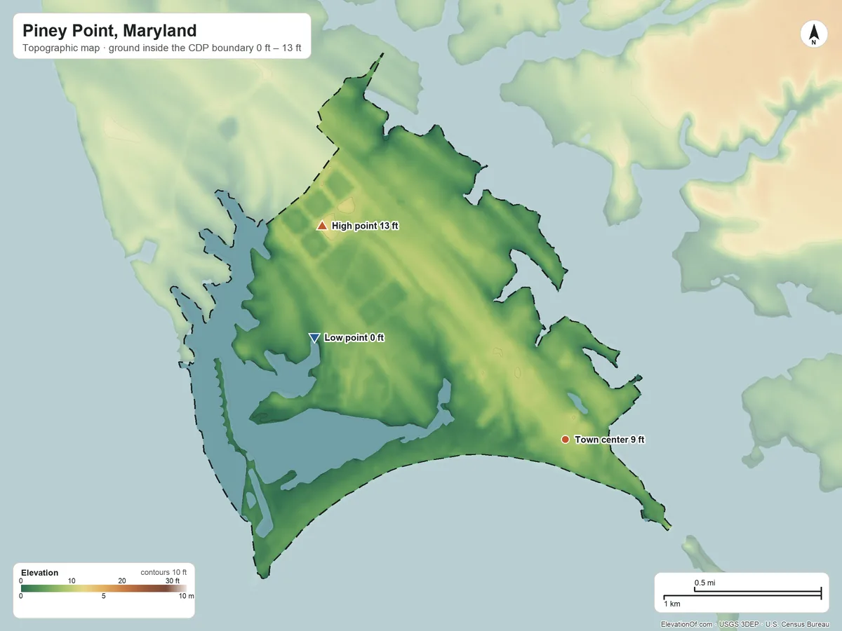 Topographic elevation map of Piney Point, Maryland, shaded from 0 ft on the west side to 13 ft on the northwest side