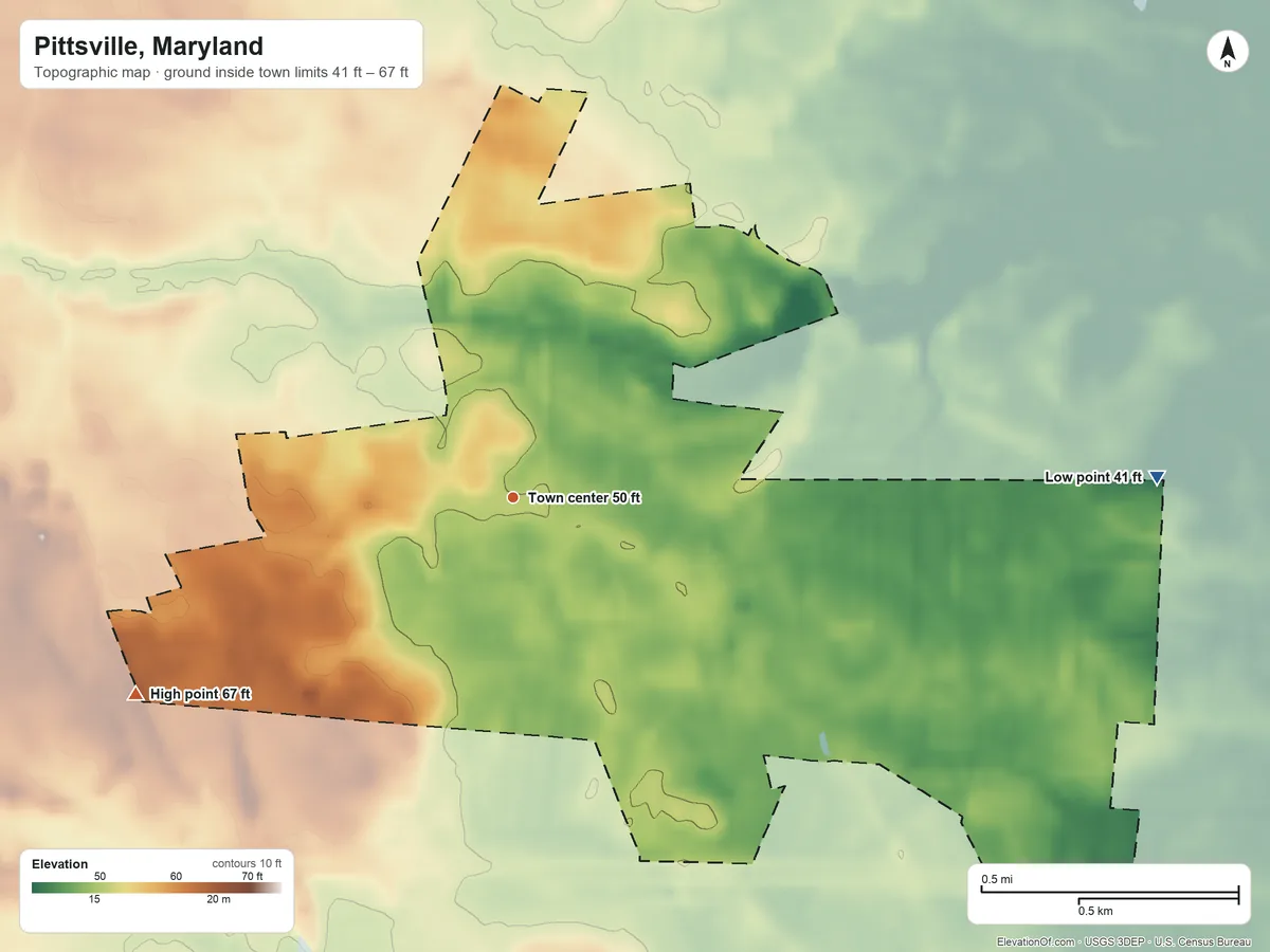 Topographic elevation map of Pittsville, Maryland, shaded from 41 ft on the east side to 67 ft on the southwest side