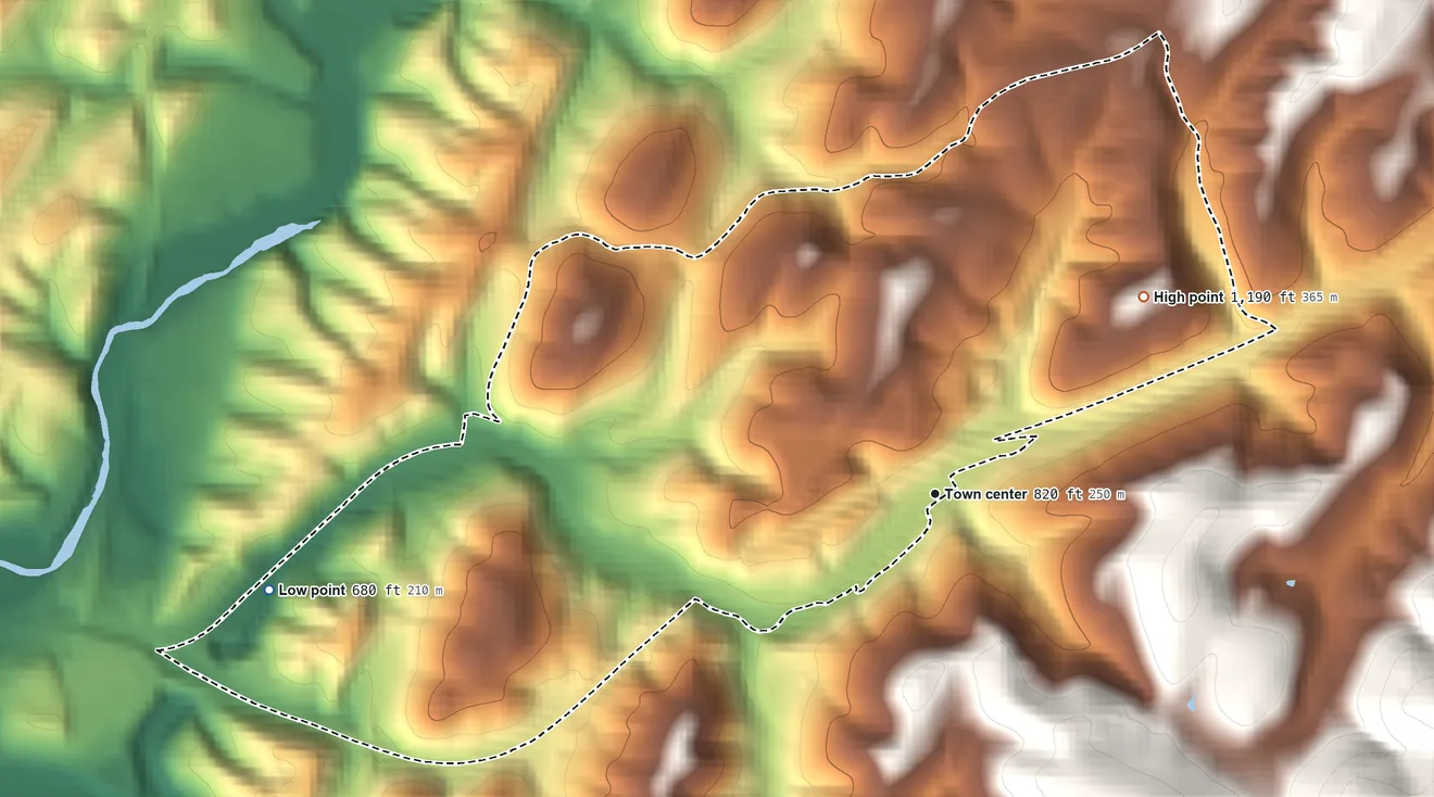 Topographic elevation map of Pleasant Grove, Maryland, shaded from 680 ft on the west side to 1,190 ft on the northeast edge, below higher ground just outside