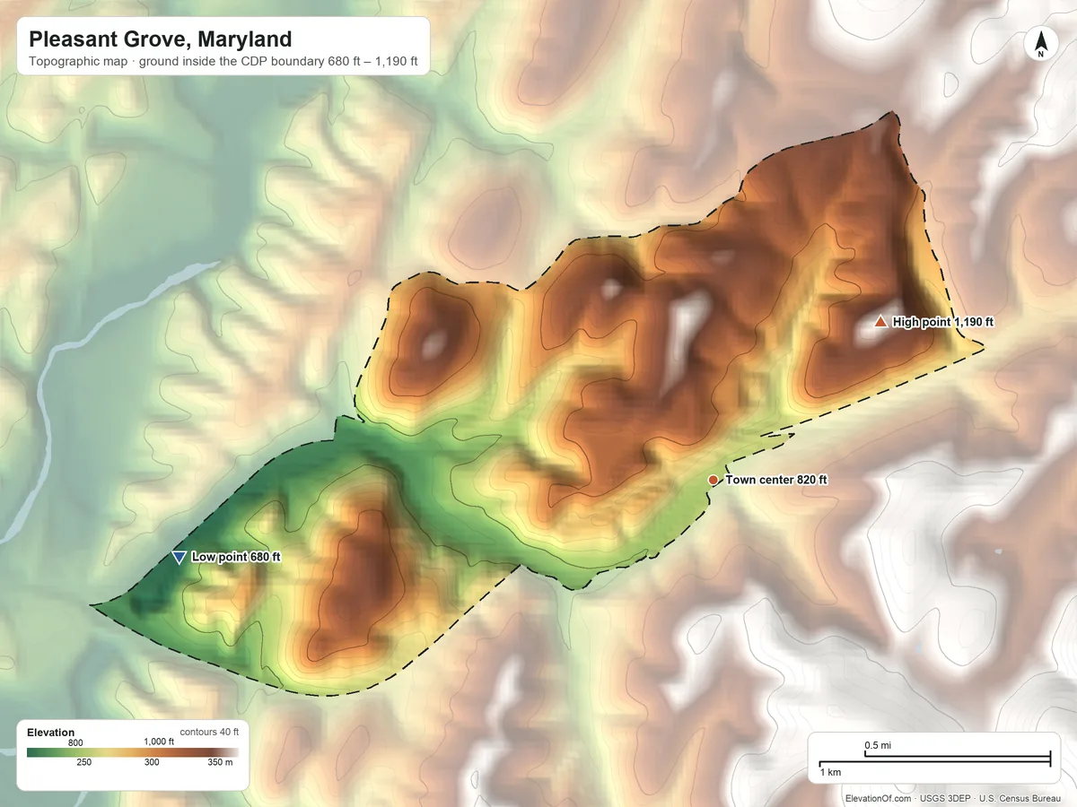 Topographic elevation map of Pleasant Grove, Maryland, shaded from 680 ft on the west side to 1,190 ft on the northeast edge, below higher ground just outside