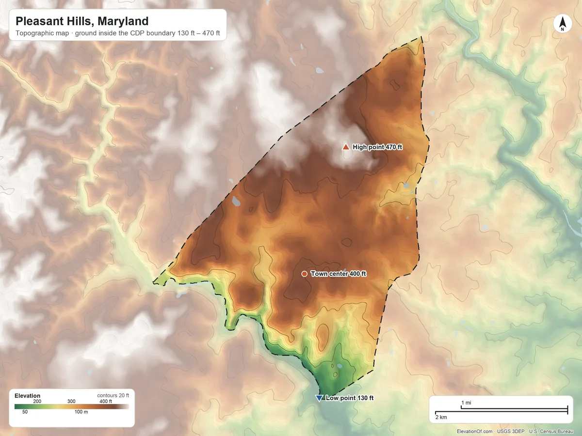 Topographic elevation map of Pleasant Hills, Maryland, shaded from 130 ft on the south side to 470 ft on the north side