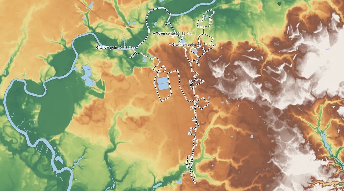 Topographic elevation map of Pocomoke City, Maryland, shaded from 0 ft on the southwest side to 33 ft on the southeast side
