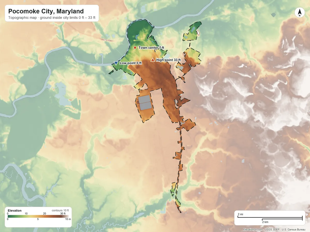 Topographic elevation map of Pocomoke City, Maryland, shaded from 0 ft on the southwest side to 33 ft on the southeast side