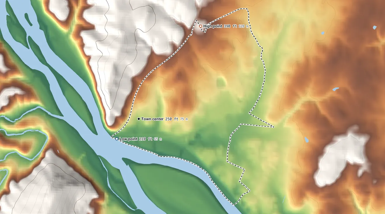 Topographic elevation map of Point of Rocks, Maryland, shaded from 210 ft on the southwest side to 390 ft on the northeast edge, below higher ground just outside
