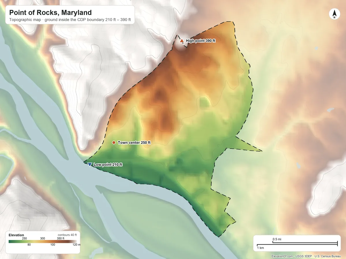 Topographic elevation map of Point of Rocks, Maryland, shaded from 210 ft on the southwest side to 390 ft on the northeast edge, below higher ground just outside