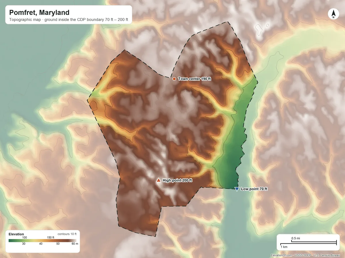 Topographic elevation map of Pomfret, Maryland, shaded from 70 ft on the southeast side to 200 ft on the south side