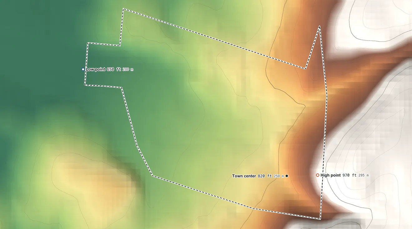 Topographic elevation map of Pondsville, Maryland, shaded from 650 ft on the northwest side to 970 ft on the east edge, below higher ground just outside