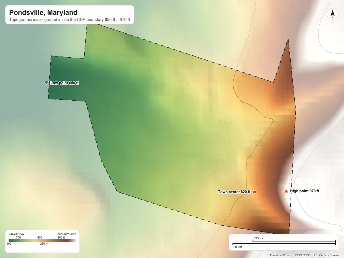 Topographic elevation map of Pondsville, Maryland, shaded from 650 ft on the northwest side to 970 ft on the east edge, below higher ground just outside