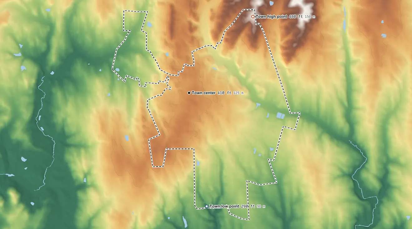 Topographic elevation map of Poolesville, Maryland, shaded from 290 ft on the south side to 480 ft on the northeast side
