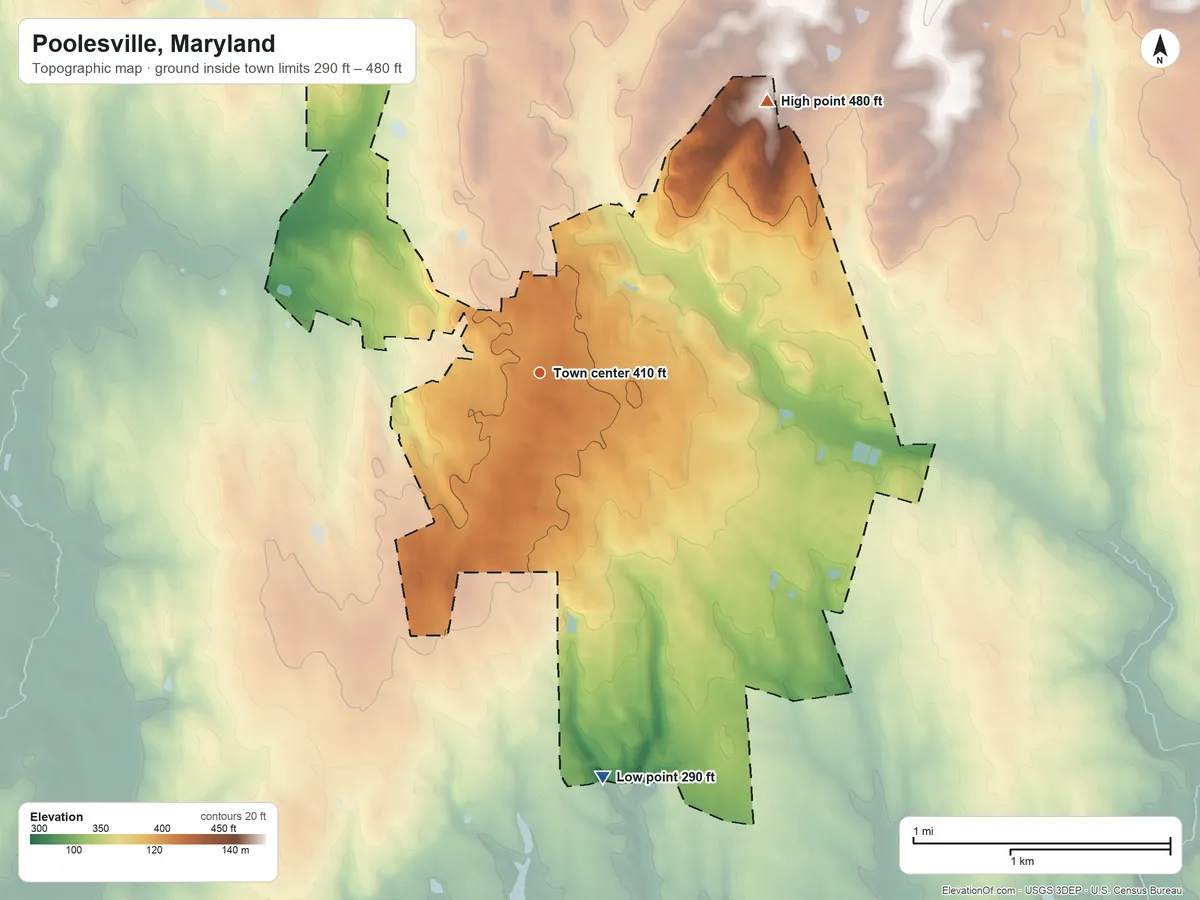 Topographic elevation map of Poolesville, Maryland, shaded from 290 ft on the south side to 480 ft on the northeast side