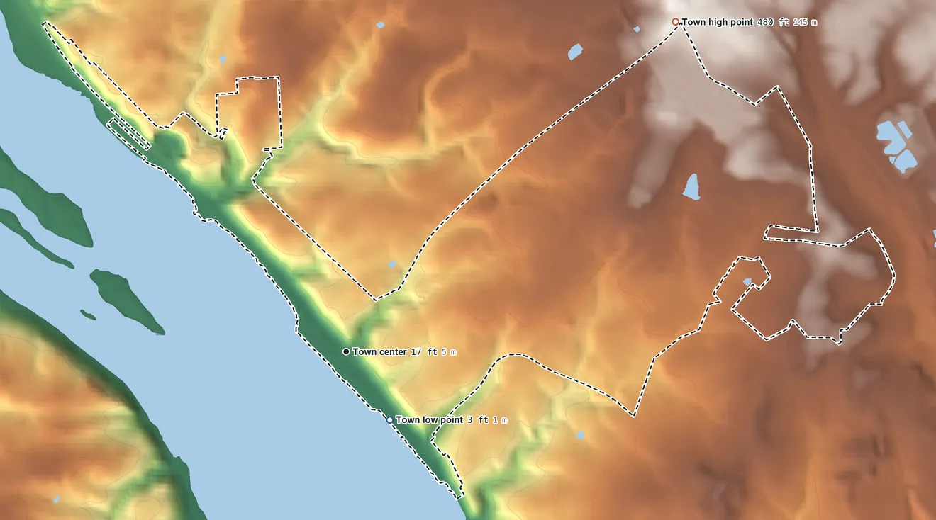 Topographic elevation map of Port Deposit, Maryland, shaded from 3 ft near the middle to 480 ft on the northeast side