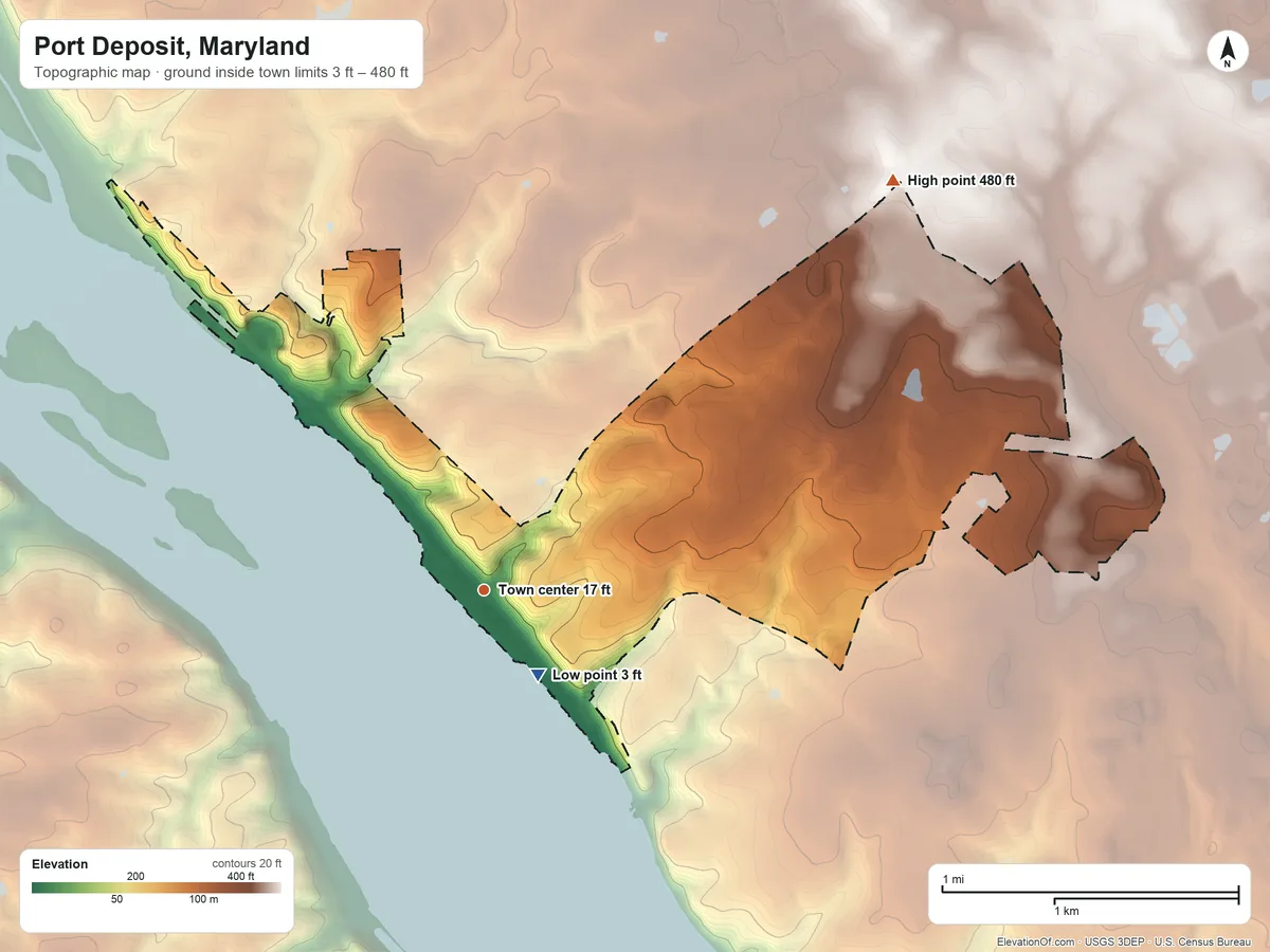 Topographic elevation map of Port Deposit, Maryland, shaded from 3 ft near the middle to 480 ft on the northeast side