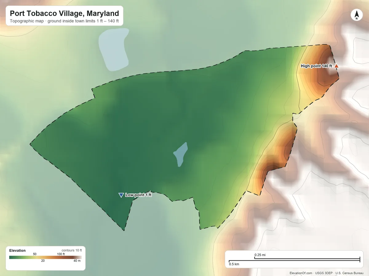 Topographic elevation map of Port Tobacco Village, Maryland, shaded from 1 ft on the southwest side to 140 ft on the northeast side