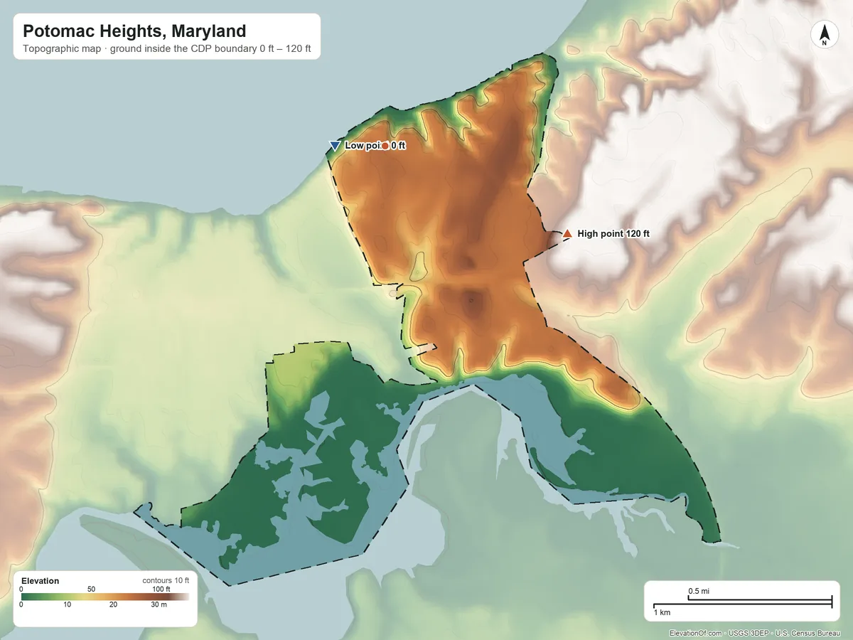 Topographic elevation map of Potomac Heights, Maryland, shaded from 0 ft near the middle to 120 ft on the southeast side