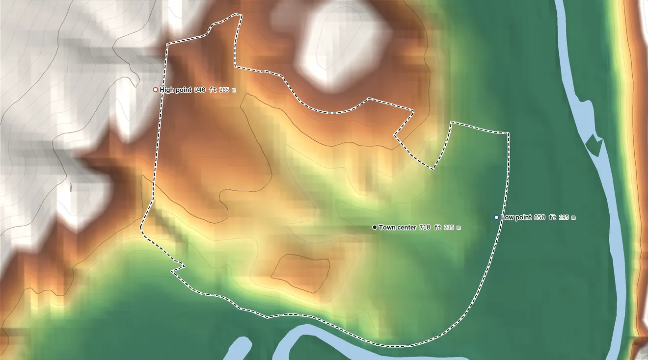 Topographic elevation map of Potomac Park, Maryland, shaded from 650 ft on the east side to 940 ft on the northwest edge, below higher ground just outside