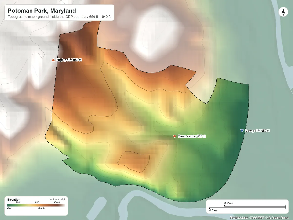 Topographic elevation map of Potomac Park, Maryland, shaded from 650 ft on the east side to 940 ft on the northwest edge, below higher ground just outside