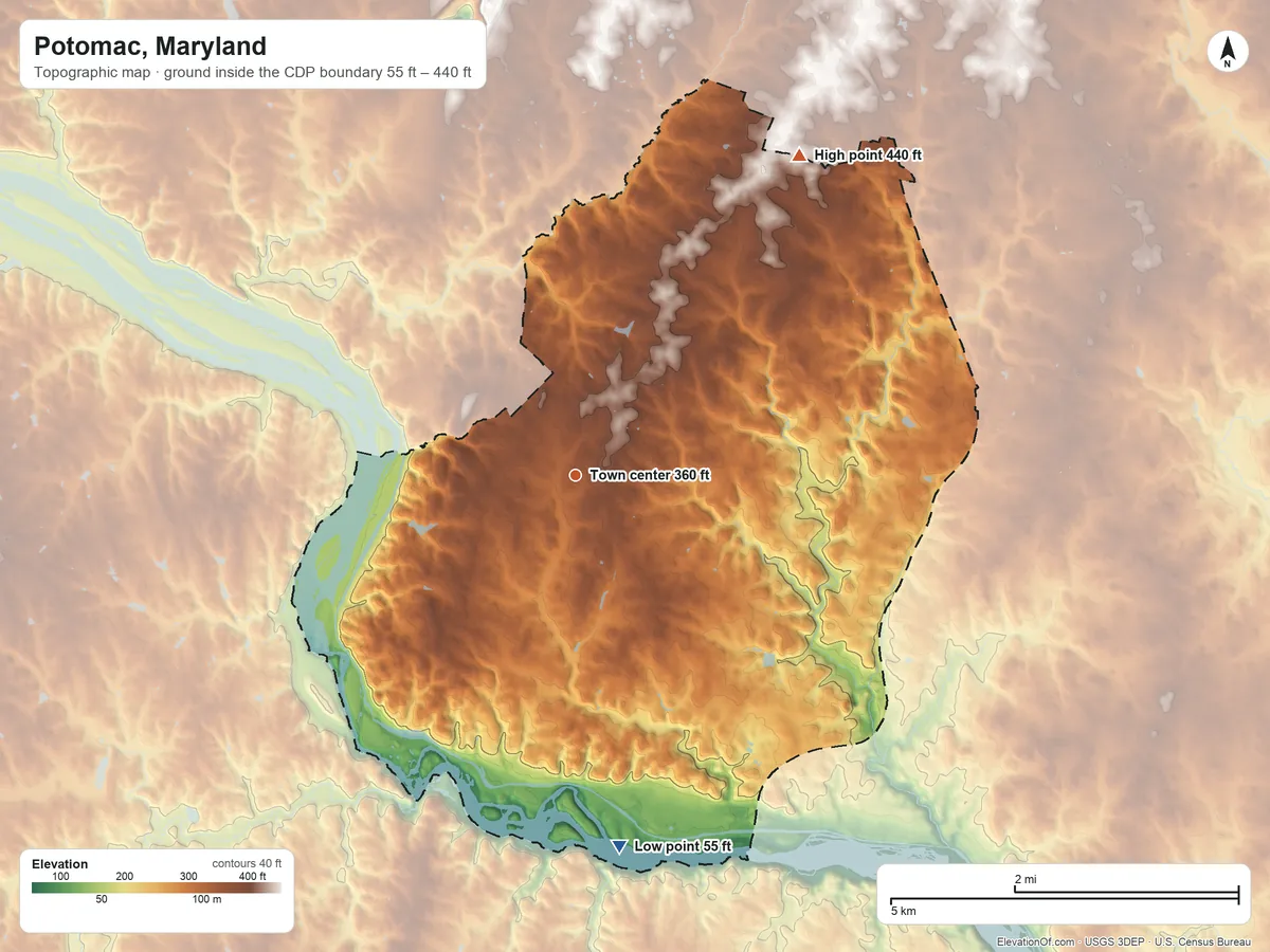 Topographic elevation map of Potomac, Maryland, shaded from 55 ft on the south side to 440 ft on the northeast side