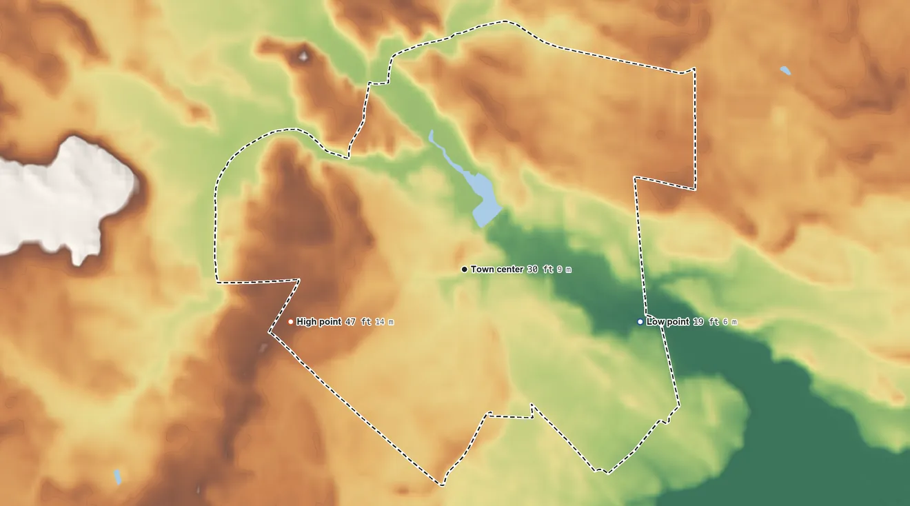 Topographic elevation map of Powellville, Maryland, shaded from 19 ft on the east side to 47 ft on the west side
