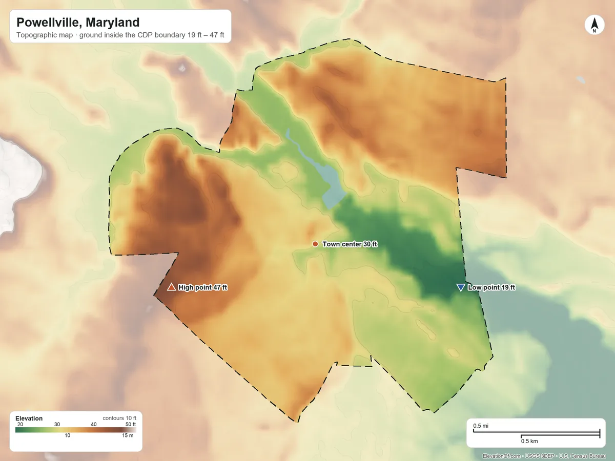 Topographic elevation map of Powellville, Maryland, shaded from 19 ft on the east side to 47 ft on the west side