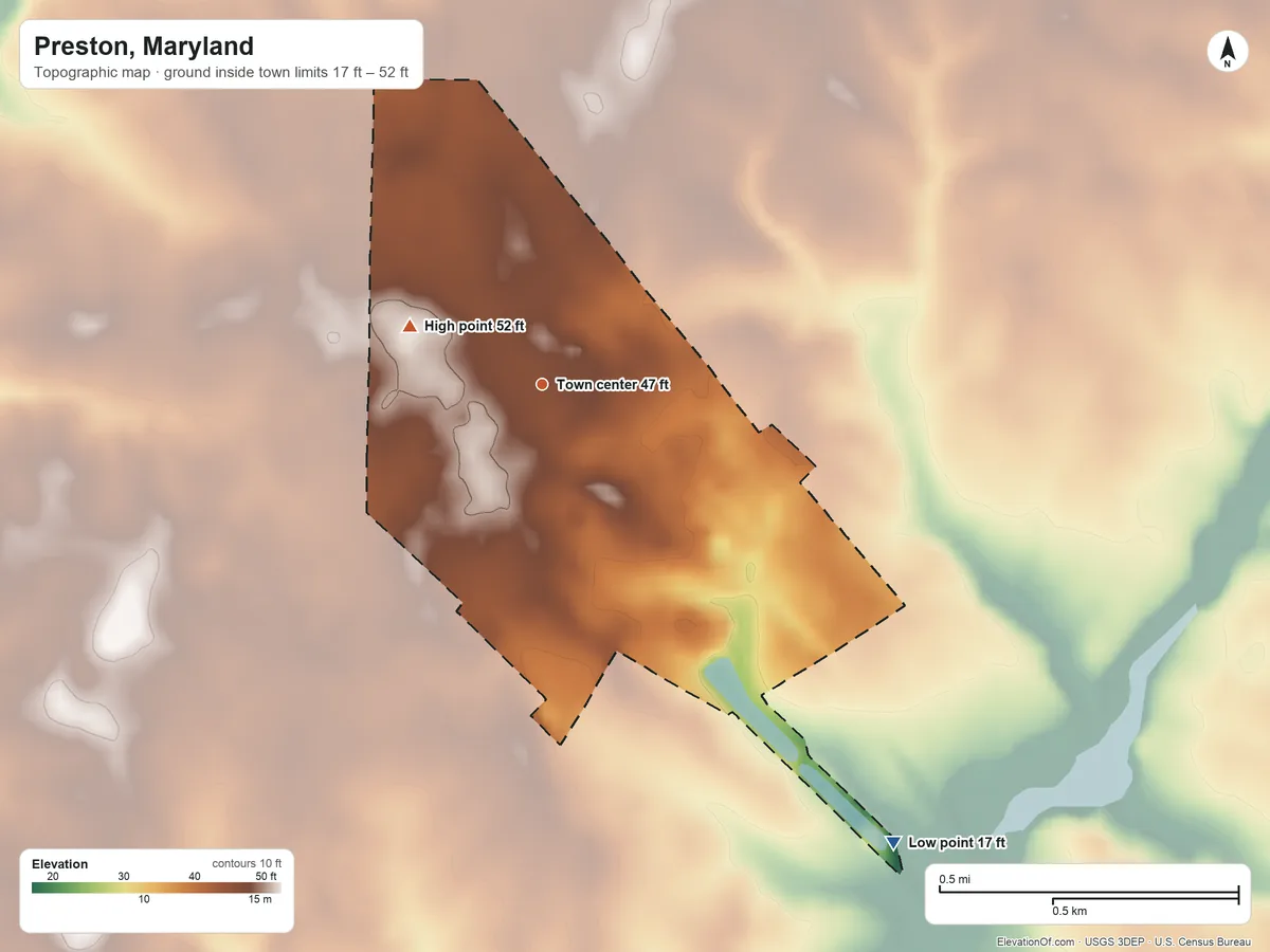Topographic elevation map of Preston, Maryland, shaded from 17 ft on the southeast side to 52 ft on the northwest side