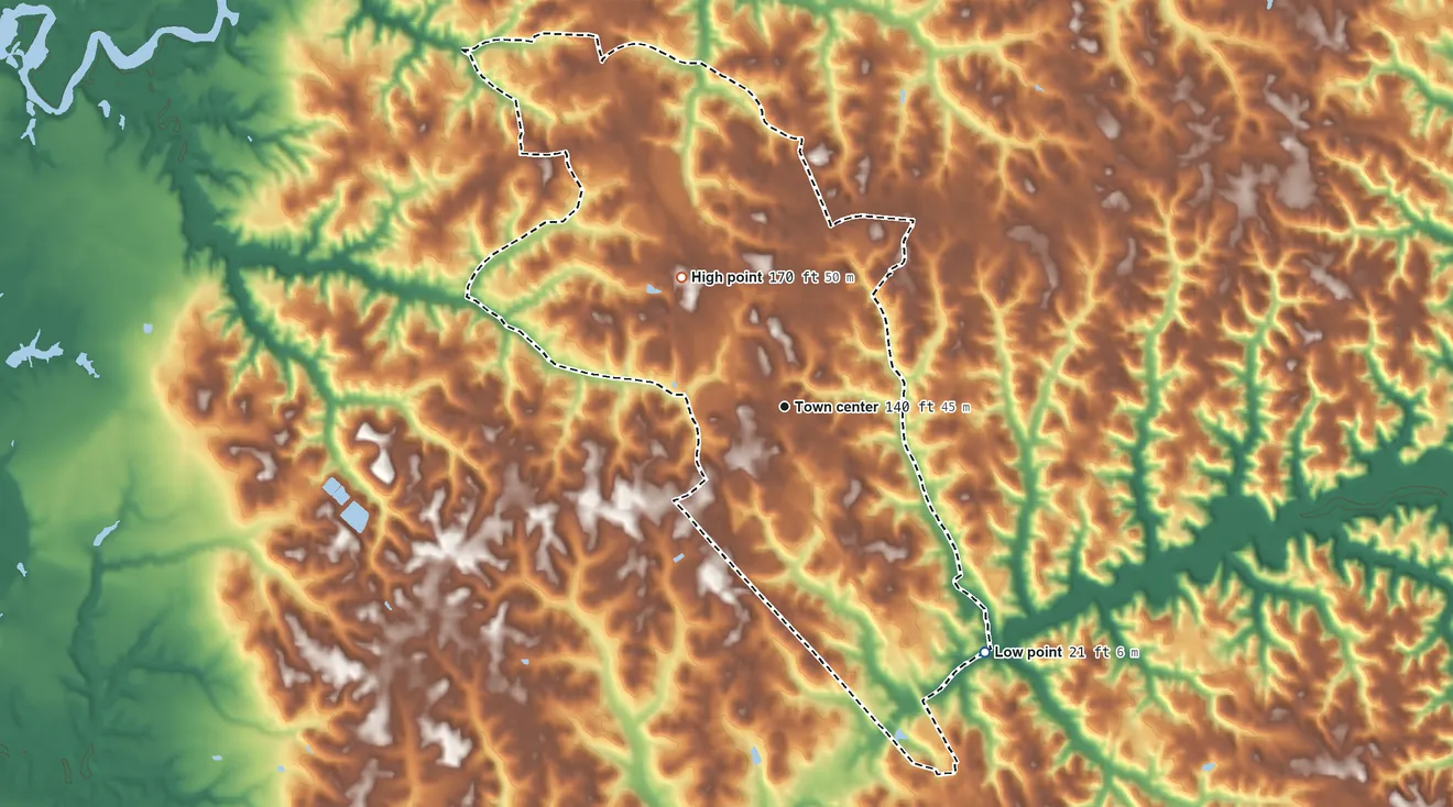 Topographic elevation map of Prince Frederick, Maryland, shaded from 21 ft on the southeast side to 170 ft on the northwest side