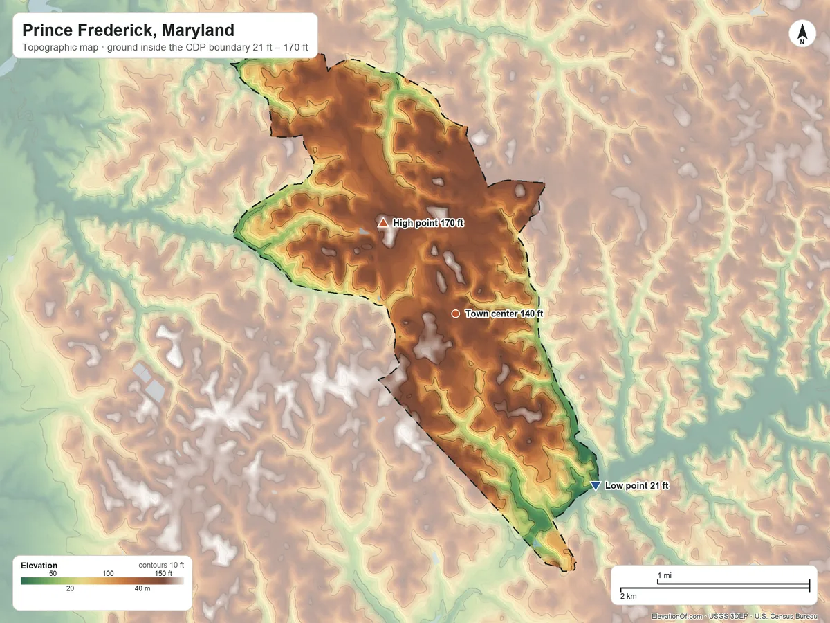 Topographic elevation map of Prince Frederick, Maryland, shaded from 21 ft on the southeast side to 170 ft on the northwest side