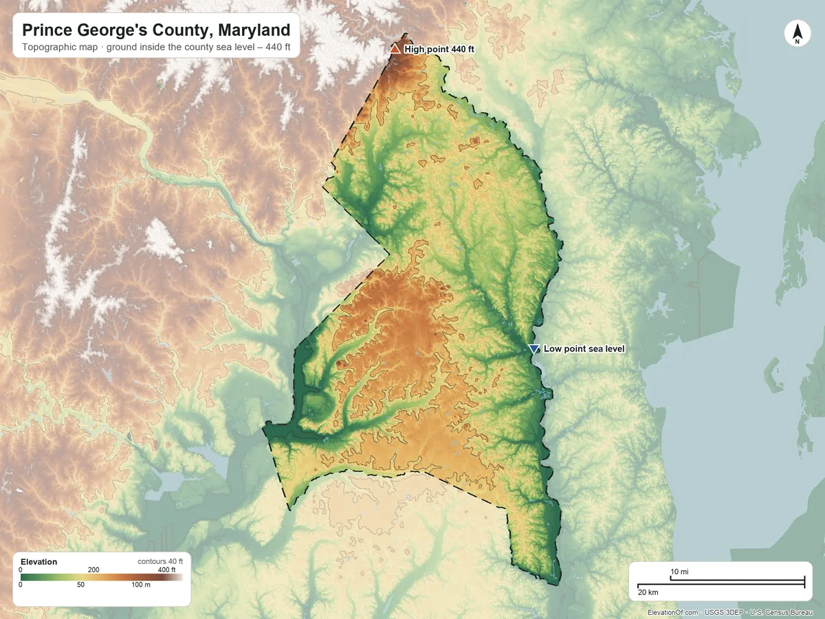 Topographic elevation map of Prince George's County, Maryland, shaded from sea level on Jug Bay to 440 ft on the north side