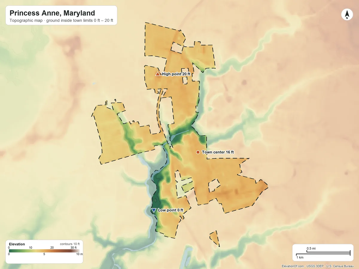 Topographic elevation map of Princess Anne, Maryland, shaded from 0 ft on the southwest side to 20 ft on the northwest side