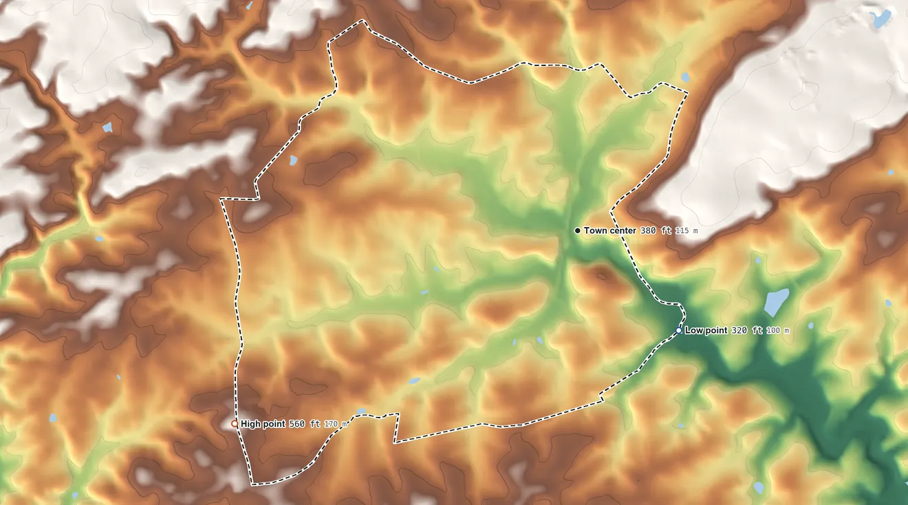 Topographic elevation map of Pylesville, Maryland, shaded from 320 ft on the southeast side to 560 ft on the southwest side