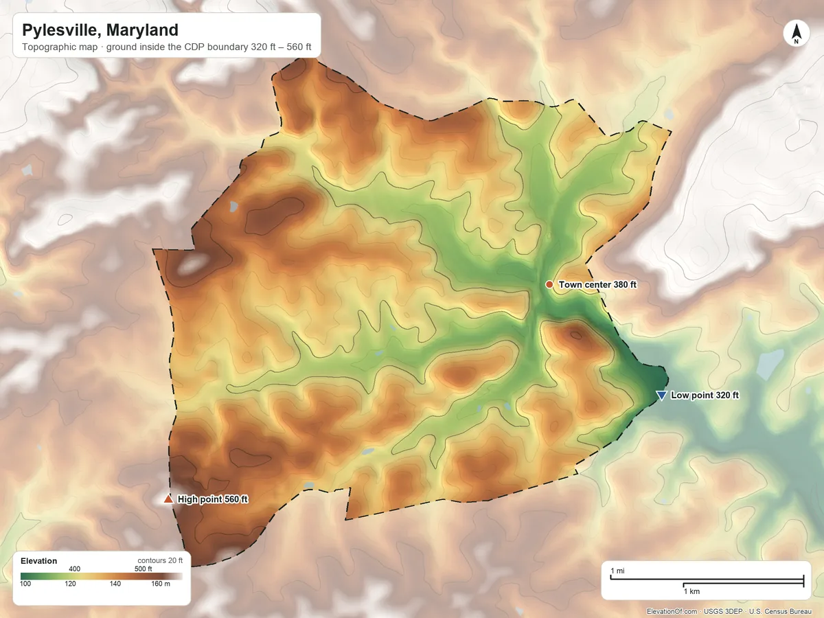 Topographic elevation map of Pylesville, Maryland, shaded from 320 ft on the southeast side to 560 ft on the southwest side