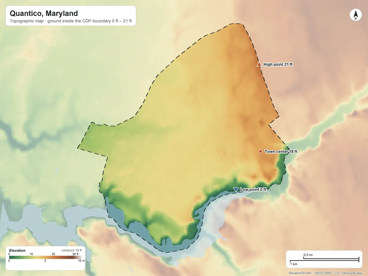 Topographic elevation map of Quantico, Maryland, shaded from 0 ft on the southwest side to 21 ft on the north side
