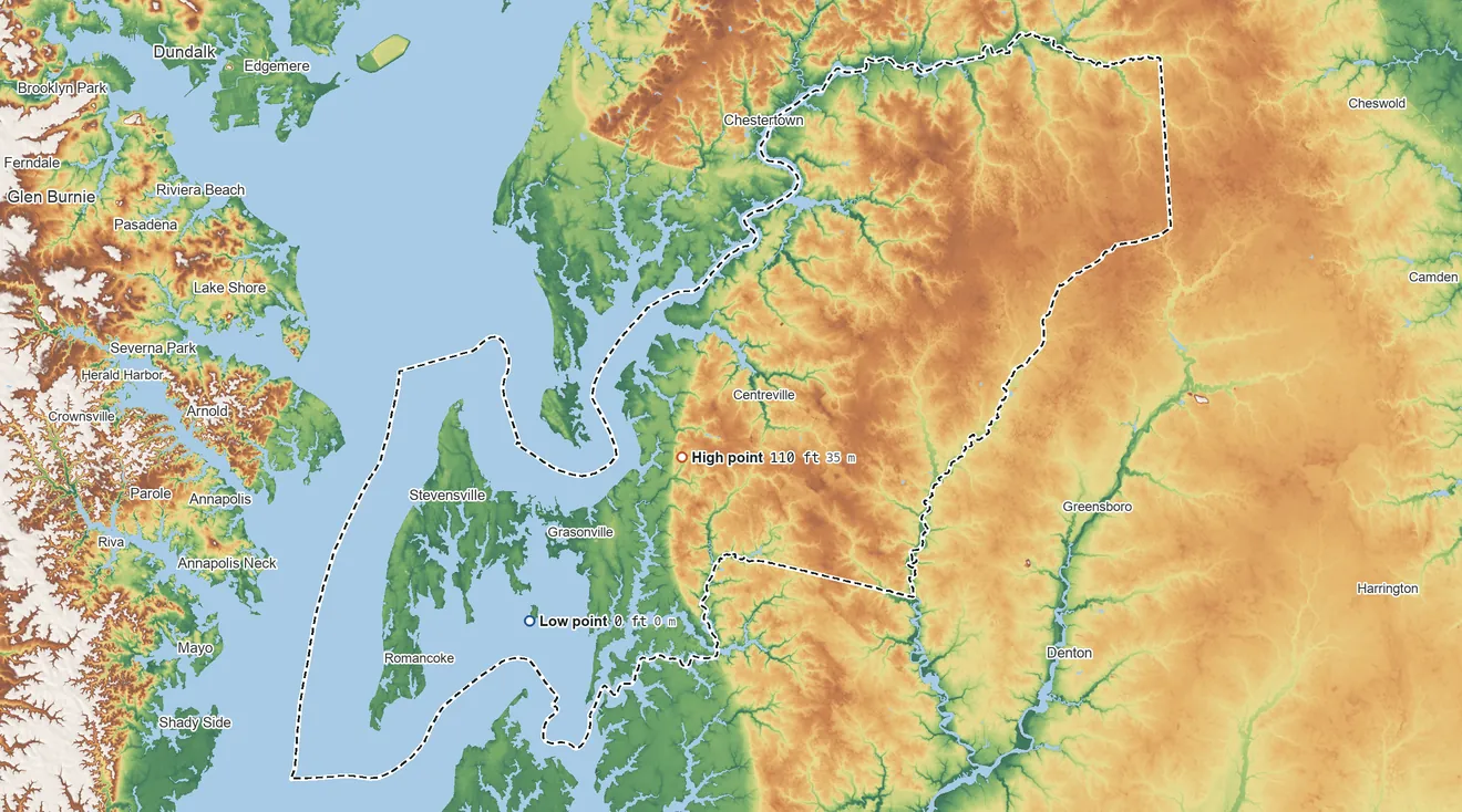 Topographic elevation map of Queen Anne's County, Maryland, shaded from sea level on Eastern Bay to 110 ft near the middle