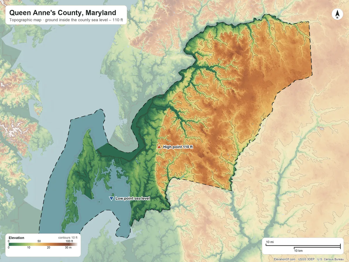 Topographic elevation map of Queen Anne's County, Maryland, shaded from sea level on Eastern Bay to 110 ft near the middle