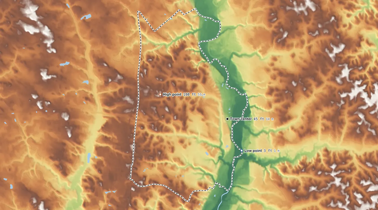 Topographic elevation map of Queen Anne, Maryland, shaded from 3 ft on the southeast side to 180 ft on the west side