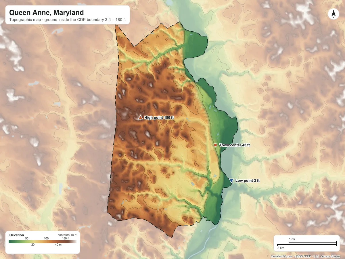 Topographic elevation map of Queen Anne, Maryland, shaded from 3 ft on the southeast side to 180 ft on the west side