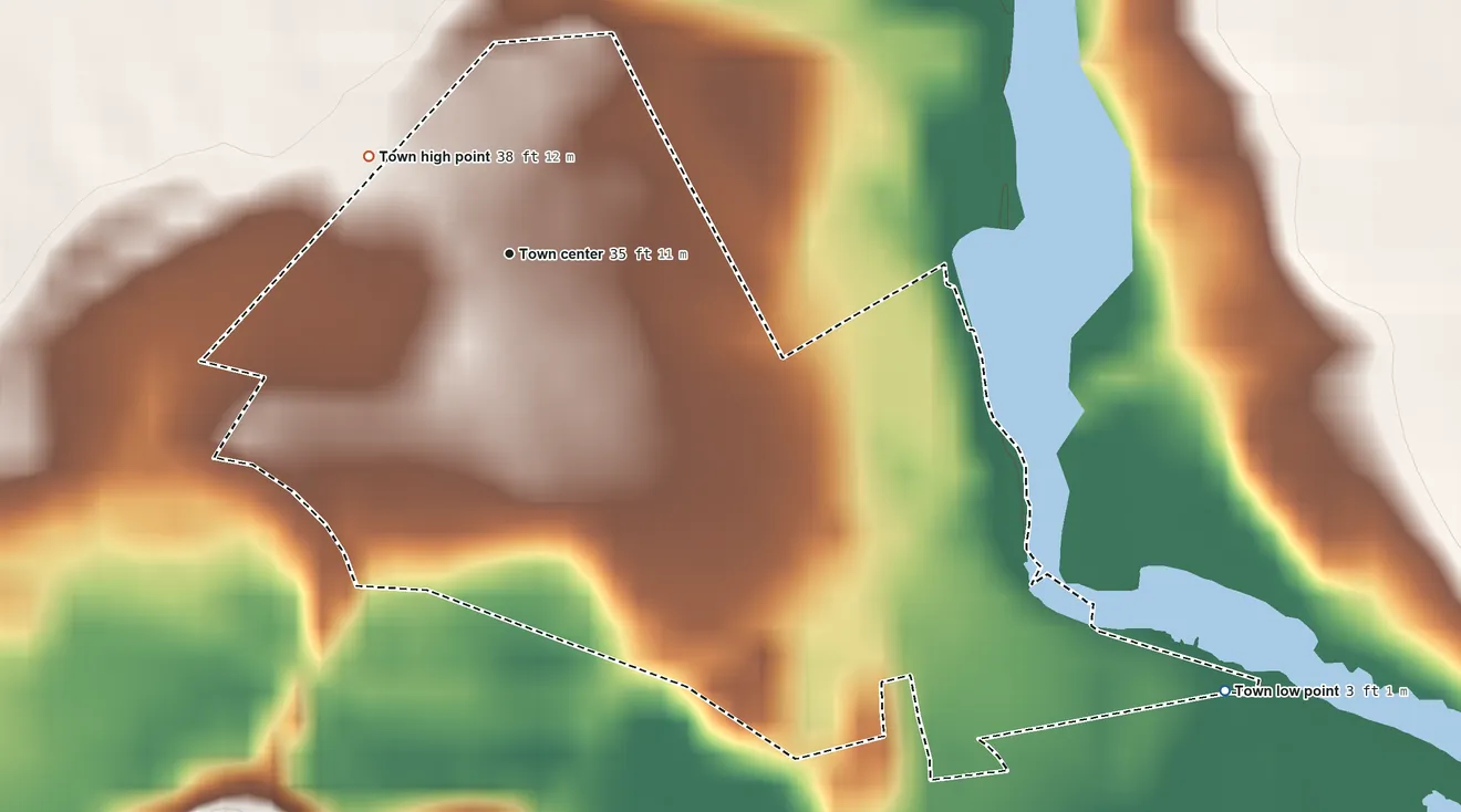 Topographic elevation map of Town of Queen Anne, Maryland, shaded from 3 ft on the southeast side to 38 ft on the northwest side