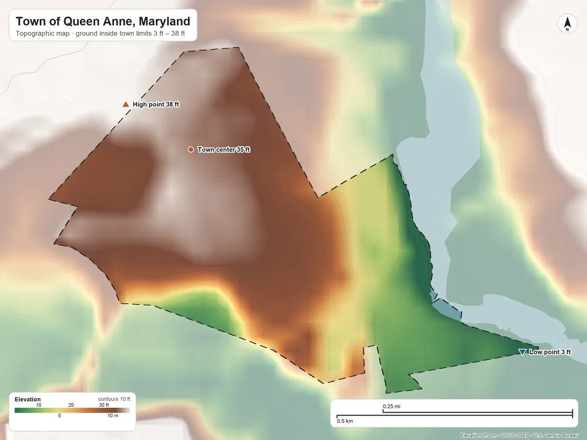 Topographic elevation map of Town of Queen Anne, Maryland, shaded from 3 ft on the southeast side to 38 ft on the northwest side